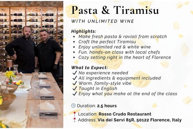 Florence: Pasta & Tiramisu Cooking Class with Unlimited Wine - How the 3 hours usually runs, from flour to dessert